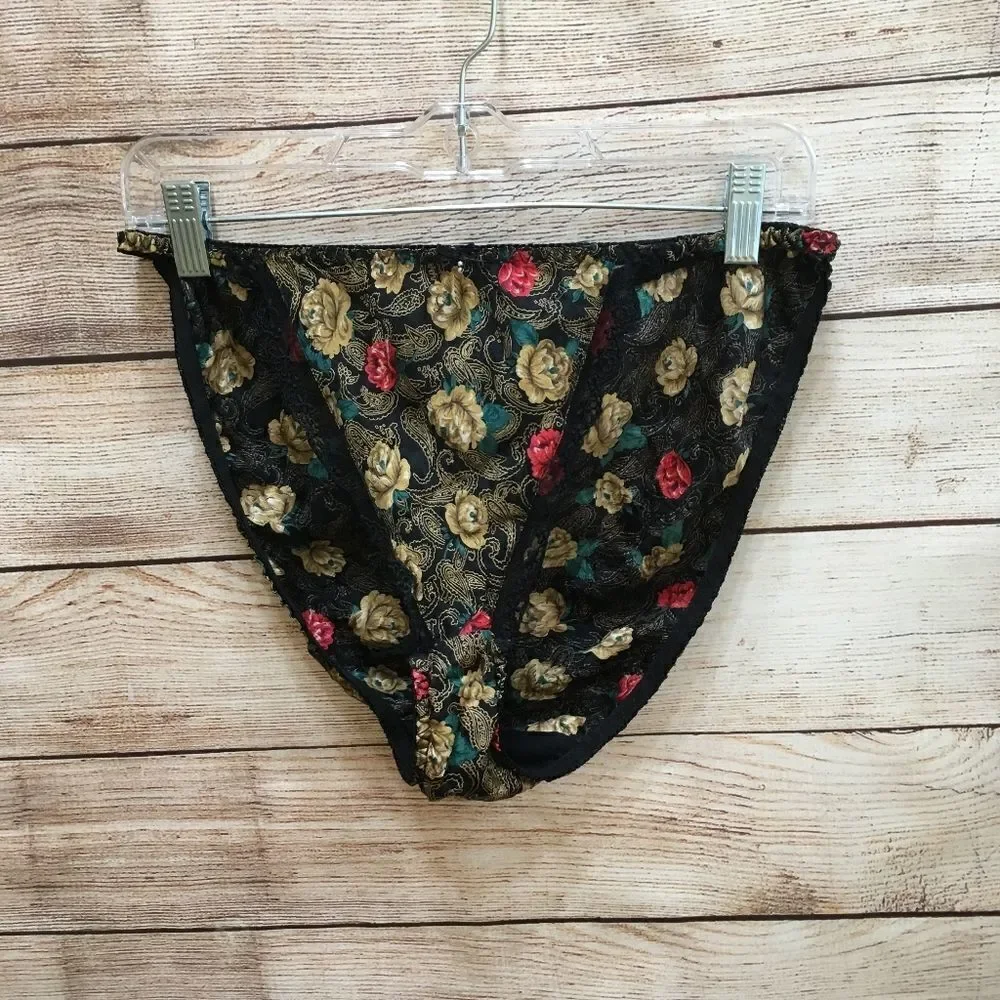 VINTAGE SILKSCREEN 100% SILK CHEMISE WITH PANTIES IN BLACK FLORAL‎ - Picture 2 of 11